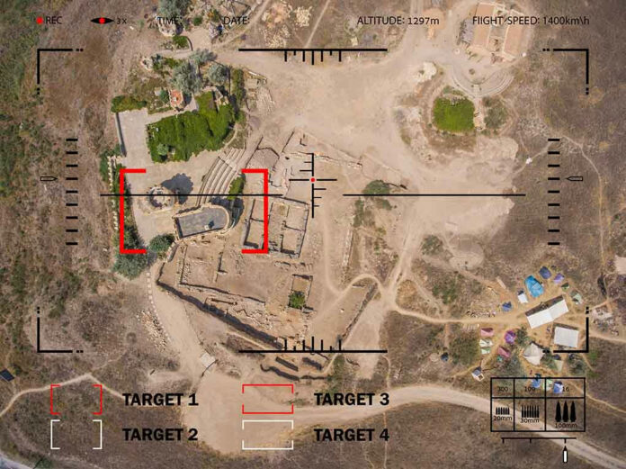 Aerial view through targeting system of ancient ruins.