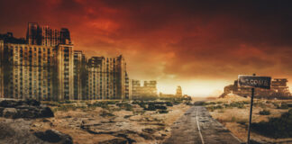 A desolate landscape featuring abandoned buildings under a dramatic sky