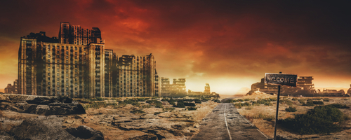 Post,Apocalyptic,Background,Image,Of,Desert,City,Wasteland,With,Abandoned A desolate landscape featuring abandoned buildings under a dramatic sky