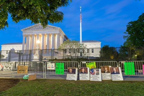 Protest signs outside the U.S. Supreme Court building.