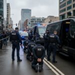 Police officers conducting an operation in an urban area with a crowd present