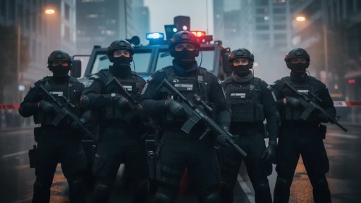 A SWAT team in tactical gear standing in front of an armored vehicle