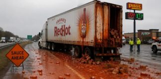 Semi truck leaks Frank’s Red Hot all along I-71 and into truck stop parking lot