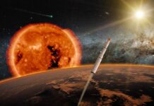 Space Power Play: America On The Clock rocket launching above a planet toward a bright sun