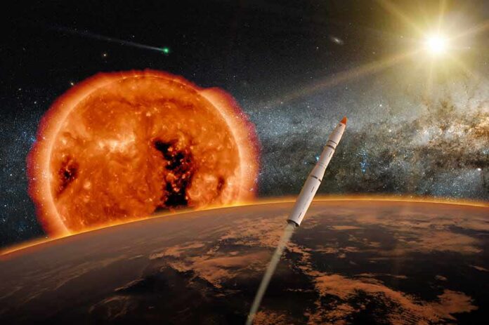 shutterstock_1050991478 rocket launching above a planet toward a bright sun