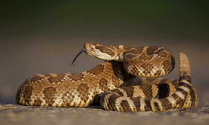 Western,Rattlesnake,Coiled,With,Rattle,Erect,And,Forked,Tongue,Extended A close-up of a snake with patterned scales and its tongue flicking out
