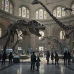 Visitors observing dinosaur skeletons in a museum hall