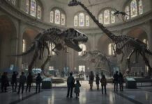 Visitors observing dinosaur skeletons in a museum hall