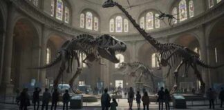 Visitors observing dinosaur skeletons in a museum hall