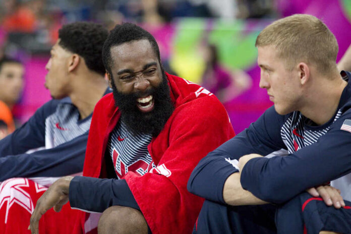 Barcelona,,Spain,-,September,6:,James,Harden,Of,Usa,Team Basketball players on the bench sharing a laugh