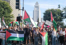 Protesters holding signs and flags in a public square.