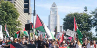 Protesters holding signs and flags in a public square.