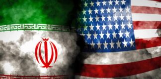 Iran and United States flags with smoky overlay
