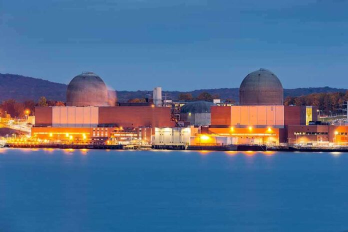 nuclear power plant with two domed reactor buildings by water at dusk