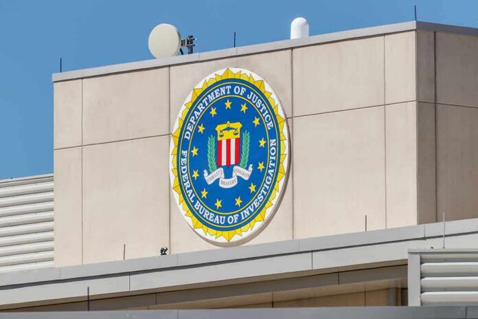 FBI emblem on a beige building facade