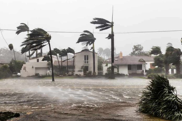 Houses battered by hurricane winds and flooding