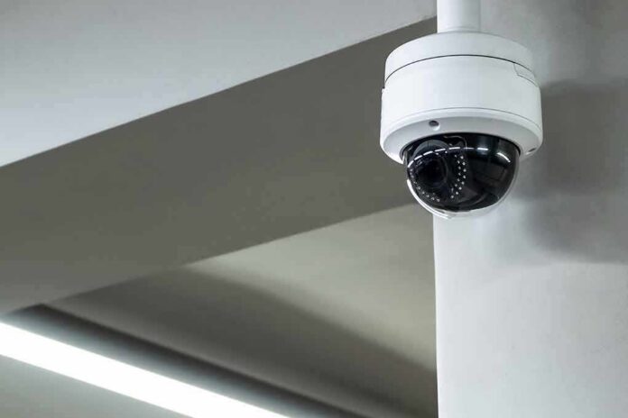 Dome security camera mounted on a ceiling corner