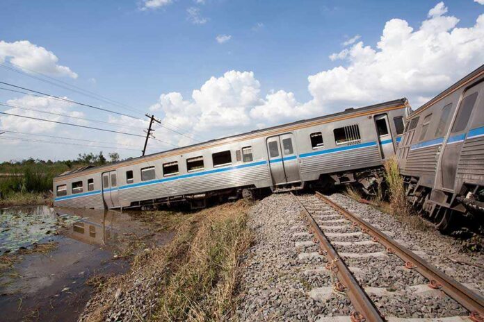 Train,Derailment An overturned train on a railway track surrounded by vegetation