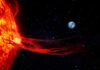 Sun with solar flare extending toward Earth in space