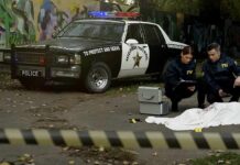 Crime scene with police car and two investigators by a covered body