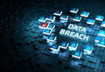 Cybersecurity concept with data breach alert and padlock icons