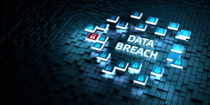 Cybersecurity concept with data breach alert and padlock icons