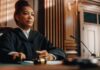 Judge seated at bench holding a gavel
