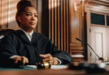Judge seated at bench holding a gavel