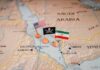 Map with US, pirate, and Iran flags near the Red Sea