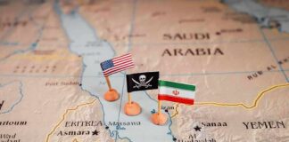 Map with US, pirate, and Iran flags near the Red Sea