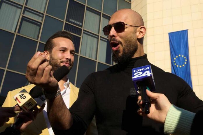 Two men speaking to reporters with microphones outside a modern building