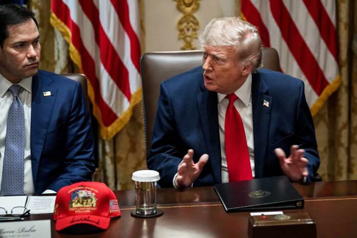 President,Donald,J.,Trump,Holds,A,Cabinet,Meeting,In,The Donald Trump speaks at a meeting beside Marco Rubio at a conference table