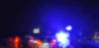 Police lights on a wet road at night