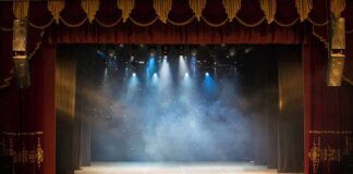 Empty theater stage with spotlights and red curtains
