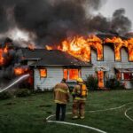 Canada Seizes Hotels For Evacuees Firefighters battling a house engulfed in flames