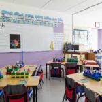 Elementary classroom with arranged desks and colorful supplies