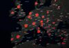 Map of Europe with red data circles highlighting cities