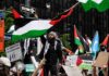 Olive Harvest Arrests Expose Map Power Protesters wave Palestinian flags at a city street demonstration