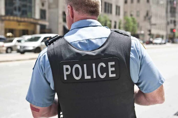 Police officer in uniform from behind on a city street