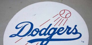 Dodgers logo with baseball and motion lines